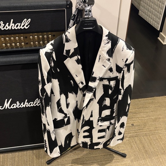 Alexander Mcqueen mens black and white graffiti blazer.